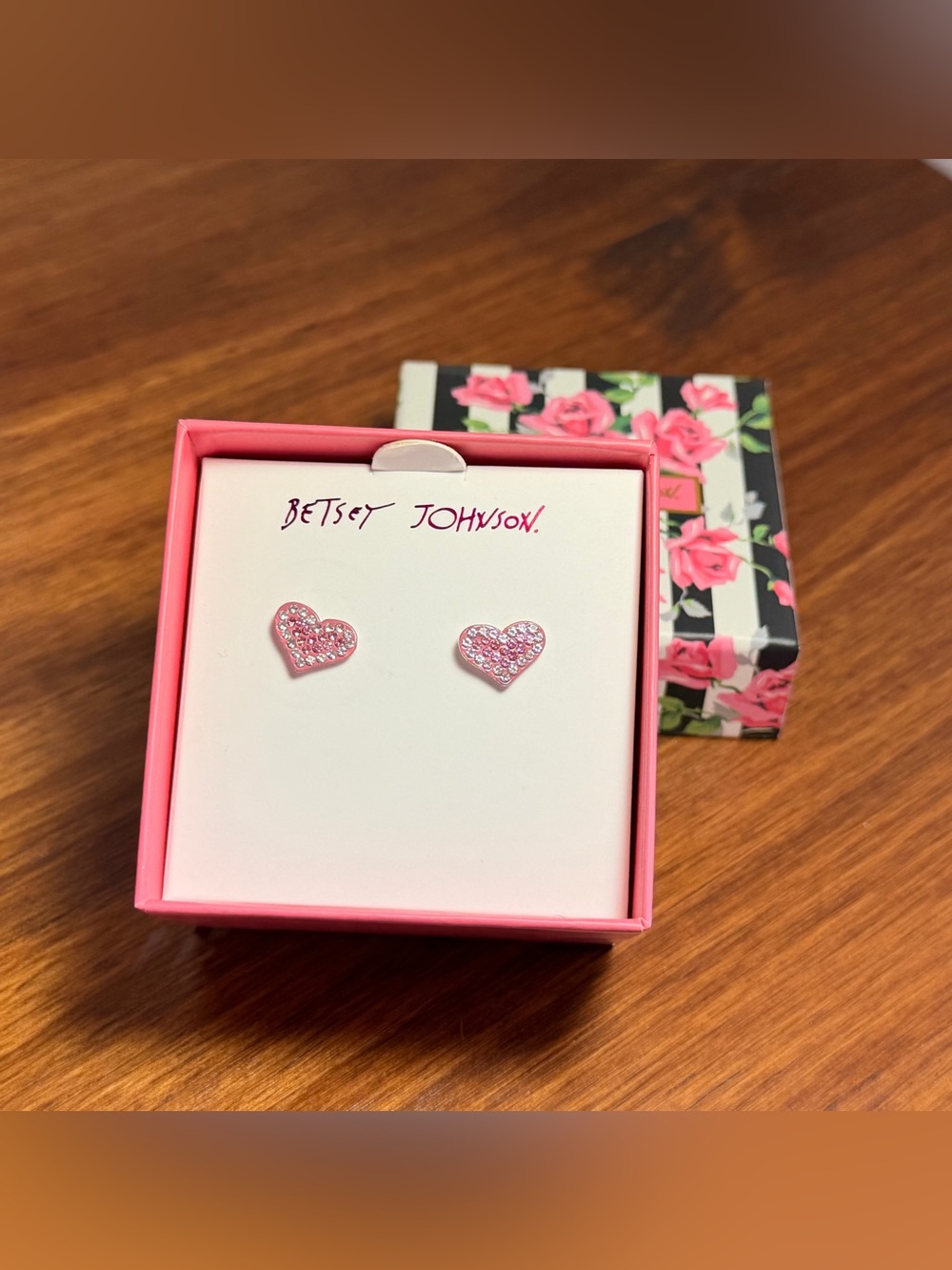 NWT Betsey Johnson Pink Crystal Heart Stud Earrings